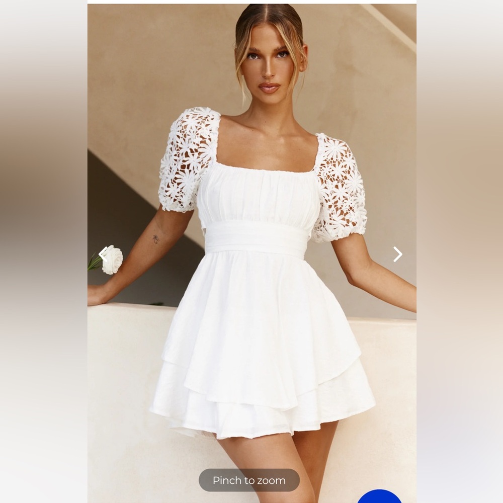 Selfie Leslie ABBY LACE PUFF SLEEVE TIE-UP BACK DRESS WHITE